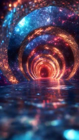 Shimmering cosmic tunnel glows above a calm reflective river