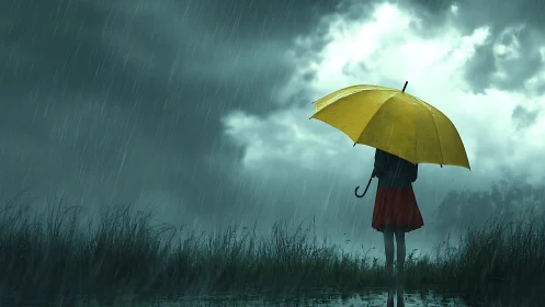 Person stands with yellow umbrella in heavy rain at dusk