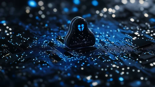 Abstract AI agent icon on glowing digital circuit board.