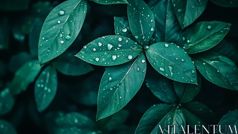 Rain-kissed green leaves in tight natural radial cluster.