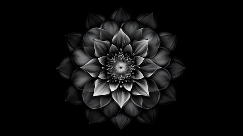 Radial monochrome lotus mandala rendered with luminous depth