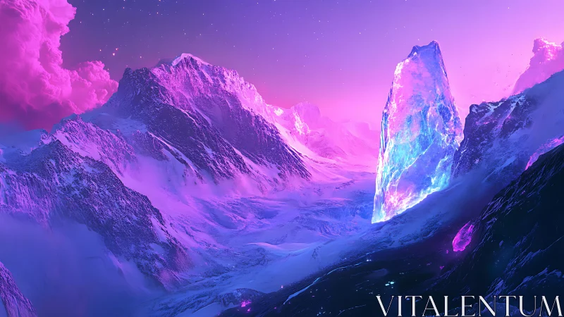 Crystal monolith hums above neon glaciers at violet dusk