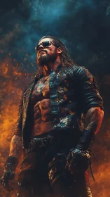 War-torn antihero rising amid blazing inferno and smoke.