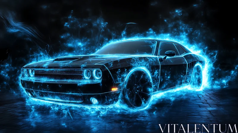 Electric blue muscle car surrounded by neon plasma flames.