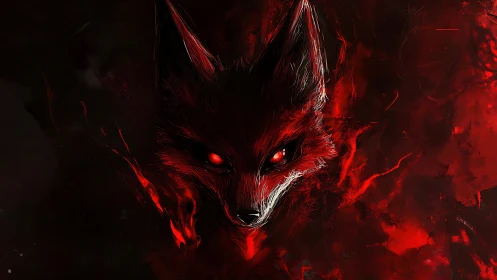 Digital painting of a demonic fox head in red-black abstraction.