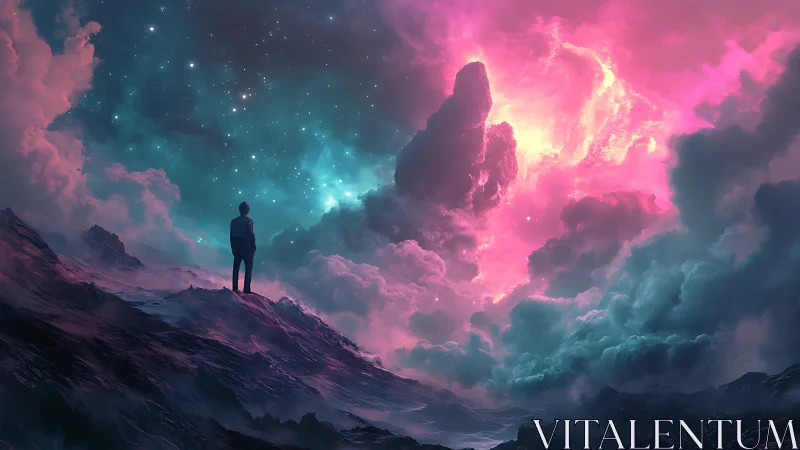 Lone observer beneath luminescent nebular cloudscape horizon.