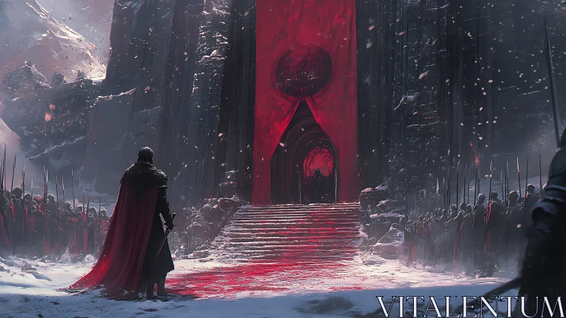 Crimson warlord before the bloodlit fortress gates.