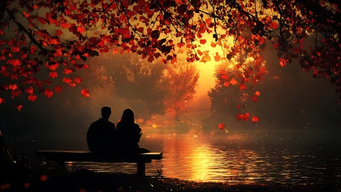 Couple Silhouetted Under Autumn Foliage at Golden Sunset.