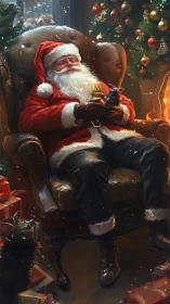 Santa in post-delivery thermal rest state by hearthfire glow.