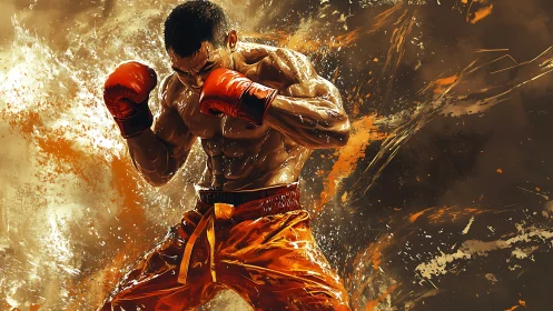 Dynamic boxer executing overhead strike amid luminous particle effects.
