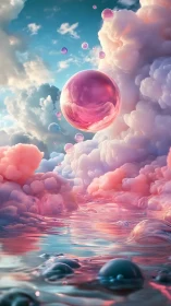 Dreamy pink bubble drifts above pastel clouds and glowing sea