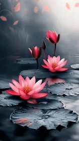 Moonlit lotus dreamscape over glassy midnight water.