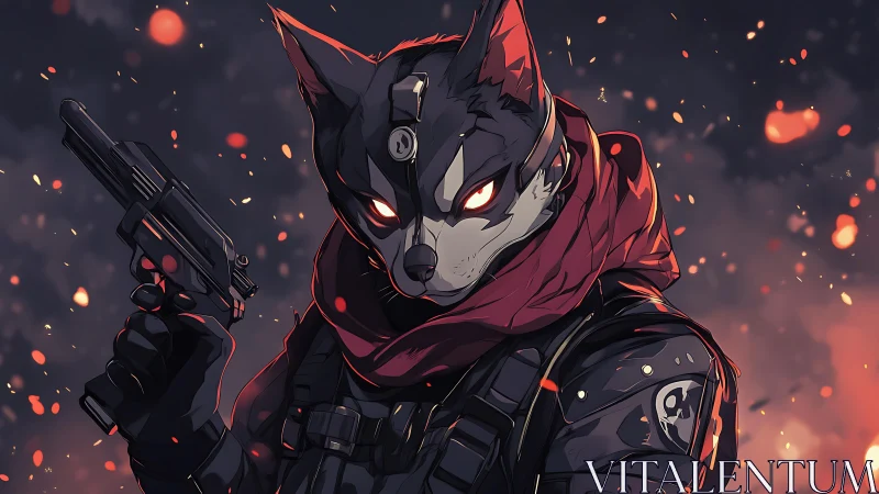 Anthropomorphic canine operative rendered in stylized anime noir