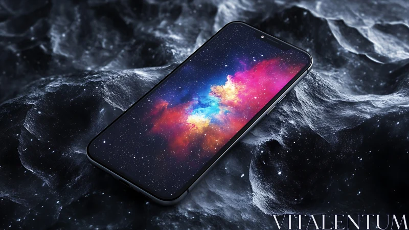Smartphone with nebula display rests on dark textured surface