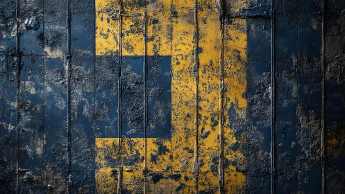 Weathered yellow number 1 on grunge blue textured metal wall.