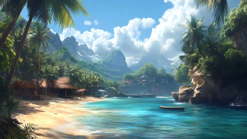 Tropical Lagoon Settlement Nestled Between Verdant Mountains and Crystalline Waters
