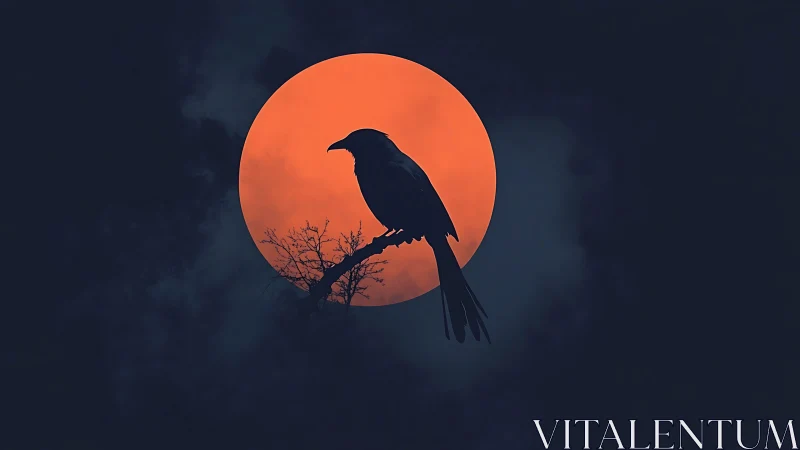 Silhouetted bird on branch against large orange moon.
