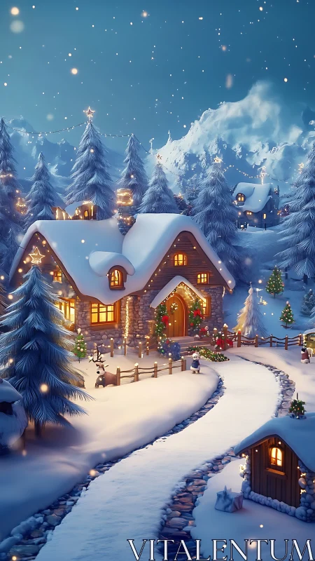 Snowy mountain village cottage under winter night sky.