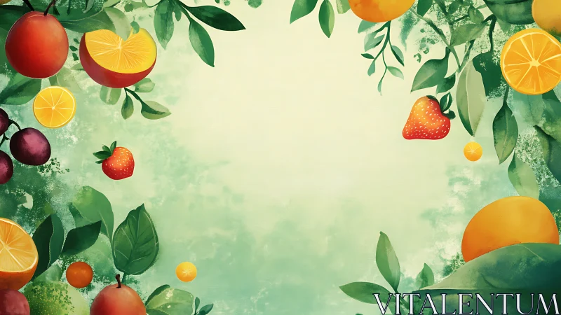 Vibrant citrus and berry border on soft green watercolor field