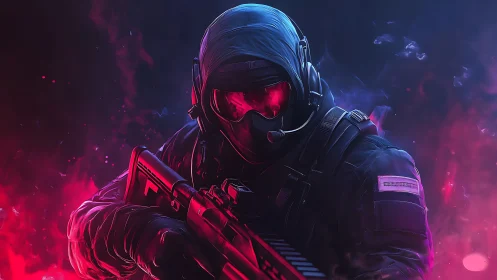 Cyber soldier advances through neon-lit smoke and darkness.