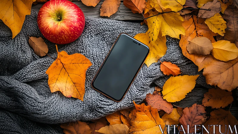 Autumn Flatlay with Apple, Smartphone, and Fall Foliage on Knit Textile.
