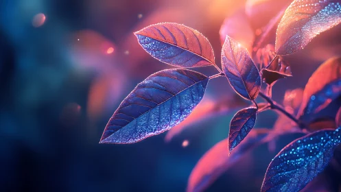 Iridescent dewy leaves glow under dual-tone bokeh lighting
