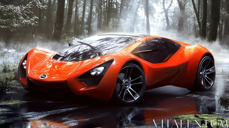 Futuristic orange supercar in misty forest environment.