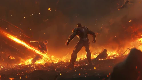 Armored Warrior Amid Inferno Conflagration.