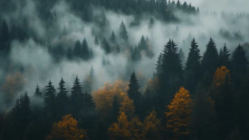 Misty Autumn Forest with Golden Foliage.