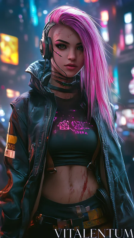 Cyberpunk female figure with headset in neon cityscape.