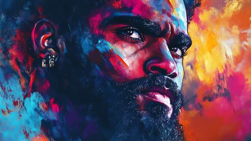 Intense bearded man portrait in bold neon paint colors.