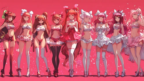Elegant anime girls pose in coordinated pink and white outfits