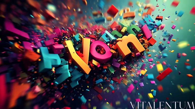 Exploding 3D typography shatters into vibrant geometric fragments