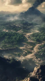 Fortified valley settlement beneath smoking mountain peak.