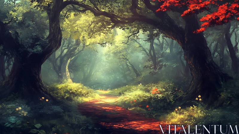 Forest pathway with atmospheric light and foliage rendering