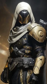 Hooded sci fi guardian in sleek golden battle armor.