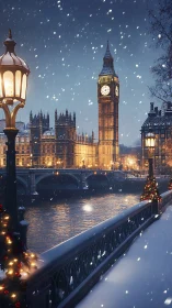 Snowfall envelopes Big Ben and Westminster in festive glow.