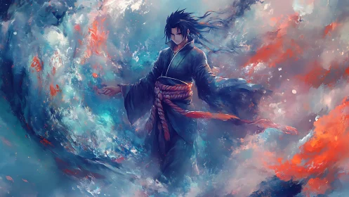 Storm-wreathed swordsman adrift in swirling cosmic surf.