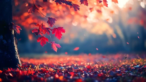 Crimson maple leaves drifting across a glowing autumn grove.