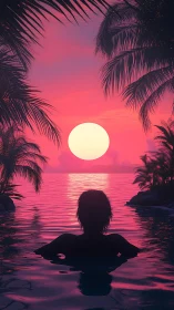 Backlit swimmer observes neon pink tropical sunset over ocean