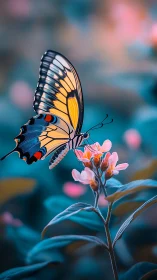 Macro profile of swallowtail butterfly on pastel blooms