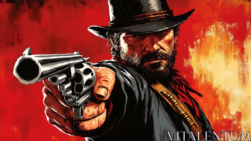 Bold cowboy levels his revolver against a blazing sky