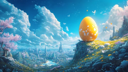 Sunlit titan egg overlooking a pastel dream valley.