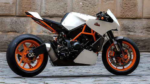 KTM sport motorcycle displays angular fairing and orange frame
