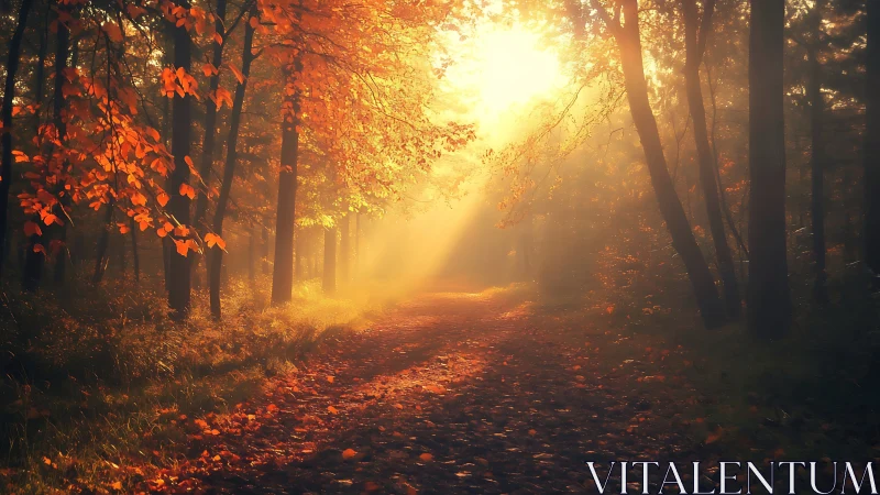 Sunlit autumn forest path melts into a glowing golden haze