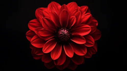 Crimson Dahlia with Dramatic Backlighting Against Dark Background