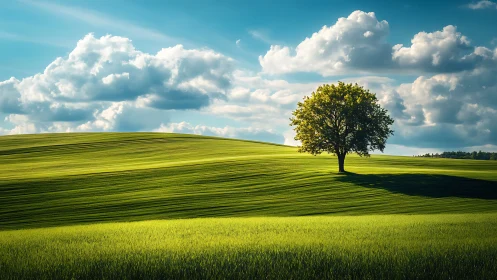 Isolated hardwood tree on undulating photoreal grassland slope.