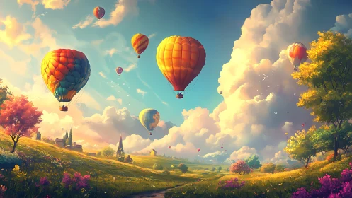Colorful hot air balloons drifting over a dreamy valley sky.