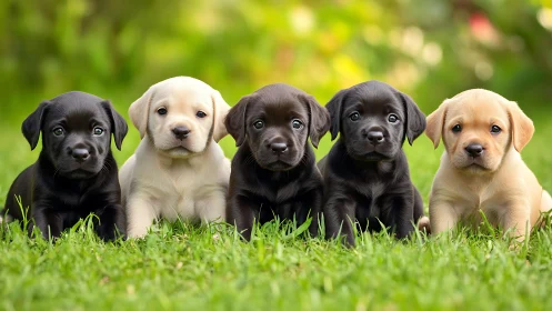 Puppy rainbow in chocolate and cream, seated on spring grass.
