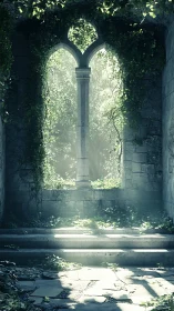 Sunlit ruined archway with overgrown stone steps.